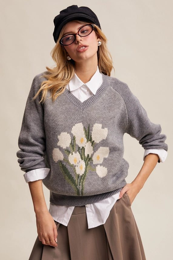 Listicle floral intarsia sweater (SZ S-L)