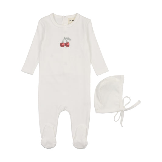 Mema Embroidered Cherry Footie + Beanie M336 ( Sz 3M-6M)