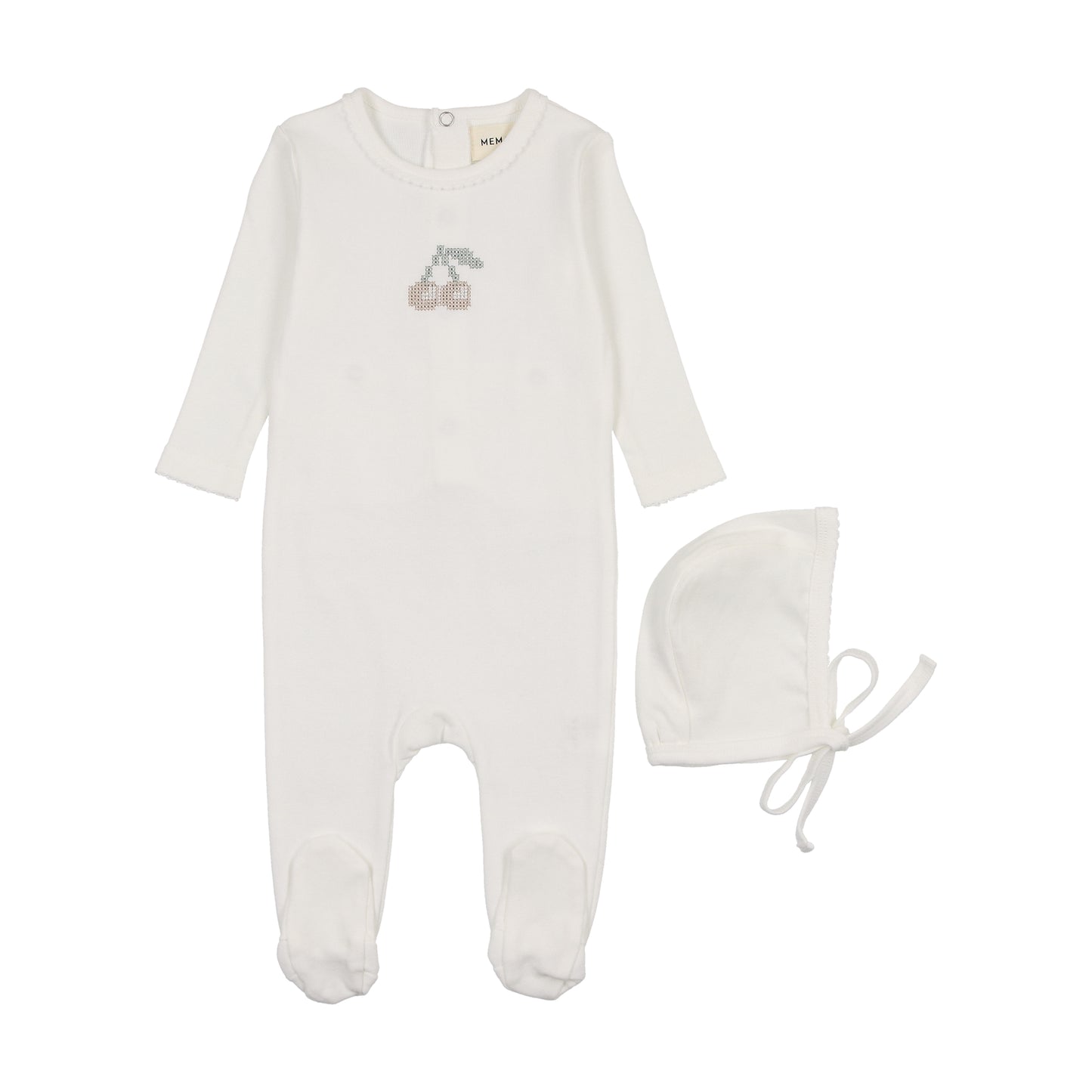 Mema Embroidered Cherry Footie + Beanie M336 ( Sz 3M-6M)