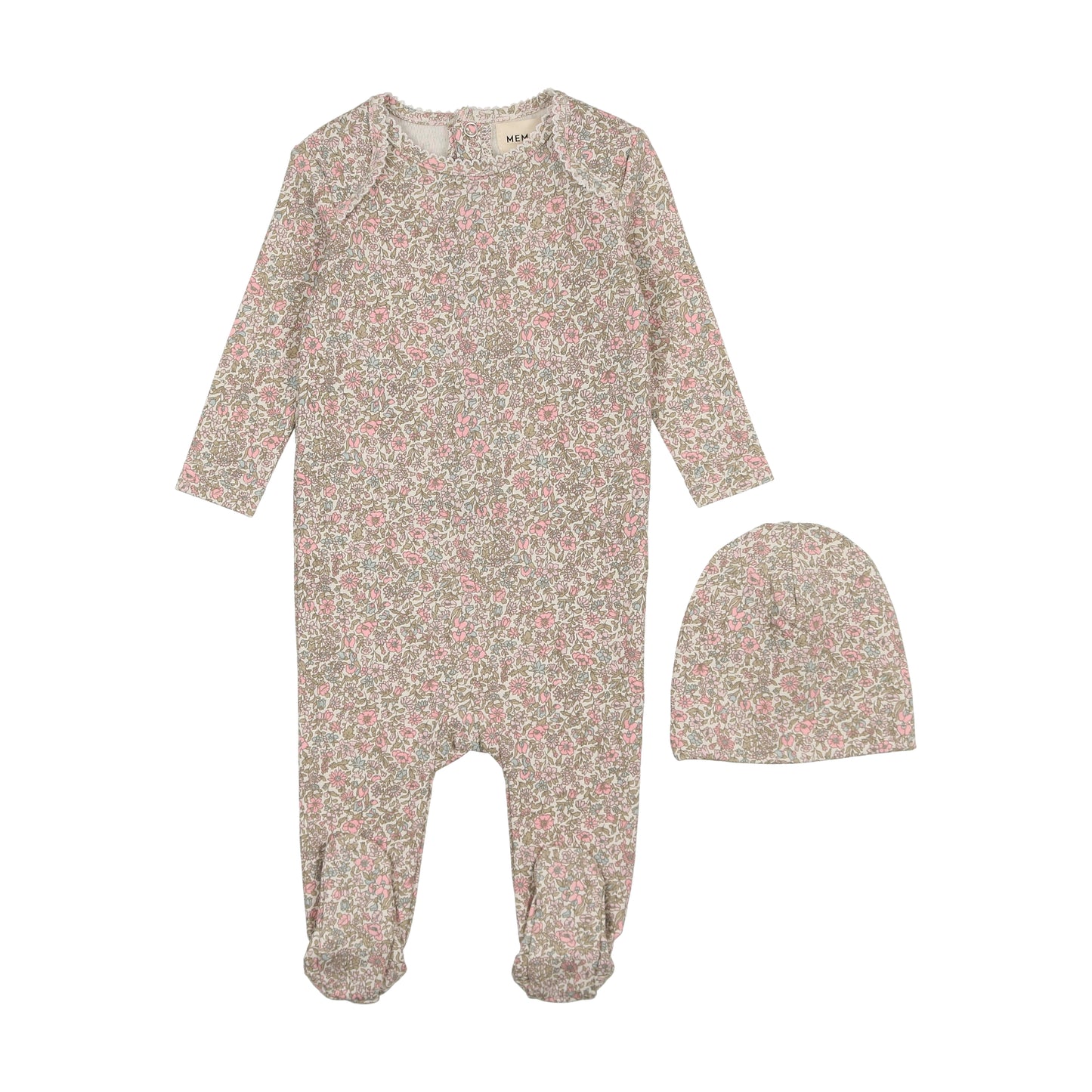 Mema Floral Liberty Print Footie + Beanie M338 ( Sz 9M-12M)